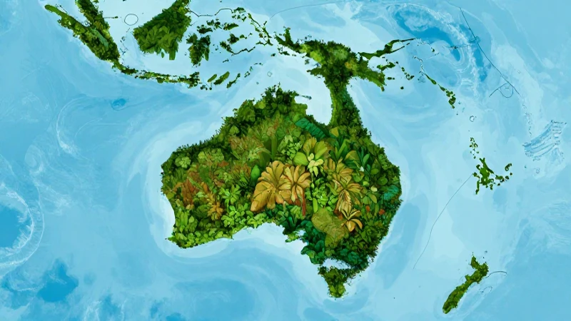 Mapa de Oceanía: selva exuberante e ilustrada
