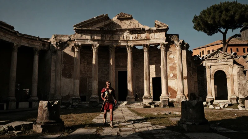 Legionario romano en ruinas con sombras dramáticas