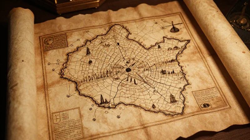Antiguo mapa enrollado bajo luz cálida