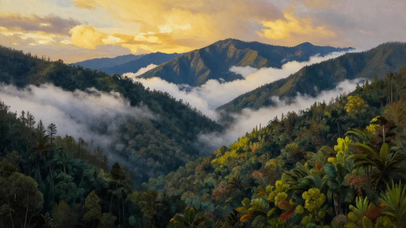 Pintura fotorealista andina con colores vibrantes
