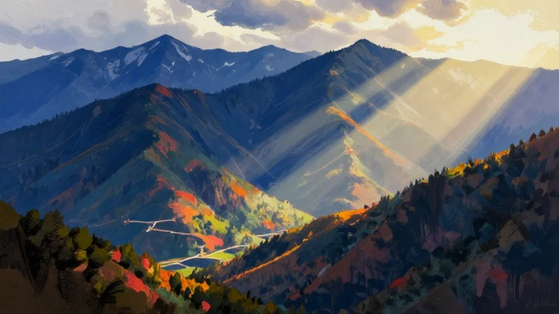 Pintura vibrante: montañas e indígenas bajo la luz