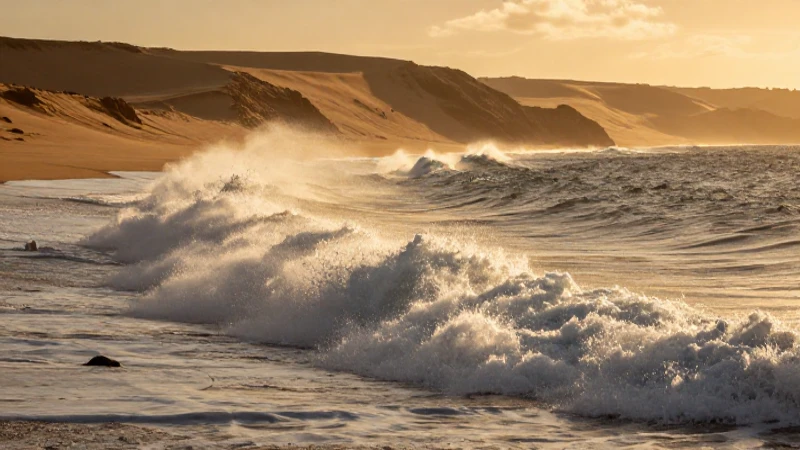 Costa desértica, olas y luz dorada