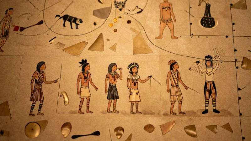 Mapa Conceptual de Poblamiento de América: Rutas y Claves 5 Fragmentos antiguos iluminados, figuras nativas dibujando