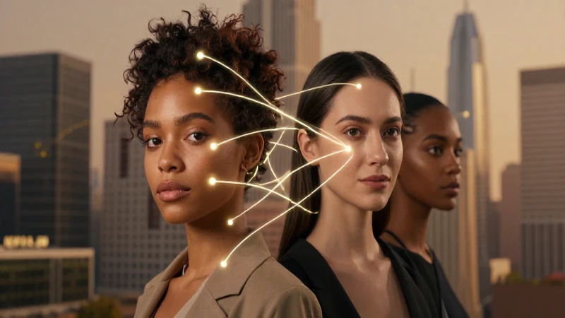 Caras diversas, líneas digitales, ciudad iluminada