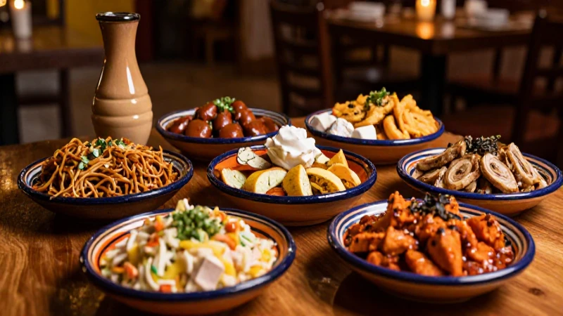Comida mexicana, cerámica vibrante, luz cálida
