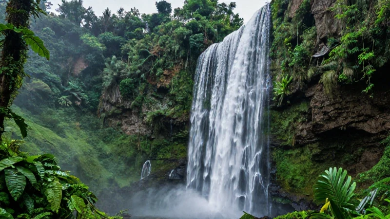 Cuáles son los factores bióticos y abióticos en ecología 6 Selva vibrante con cascada, iluminación dramática