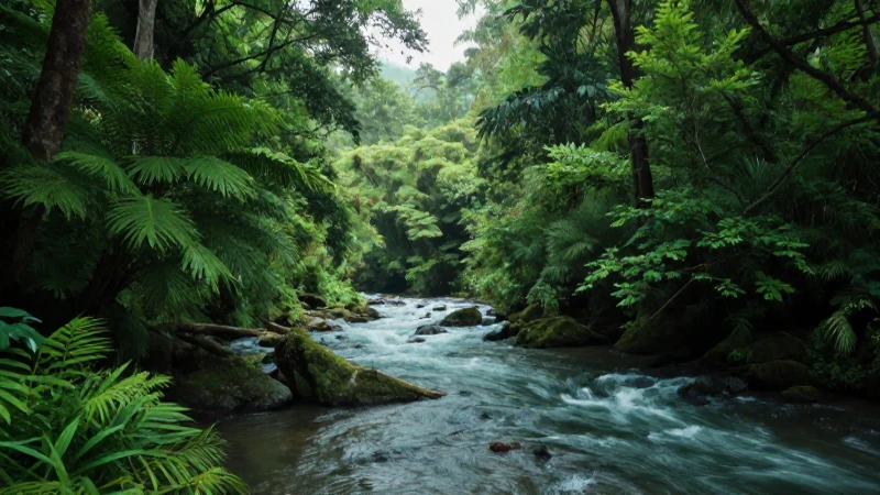 Cuáles son los factores bióticos y abióticos en ecología 3 Bosque exuberante con río, luz suave