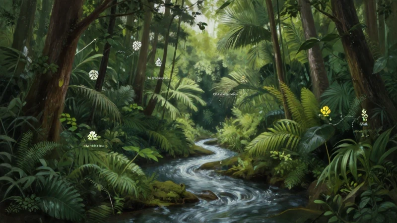 Mapa conceptual de ecosistema y sus componentes 4 Bosque exuberante, río sinuoso, luz cinematográfica