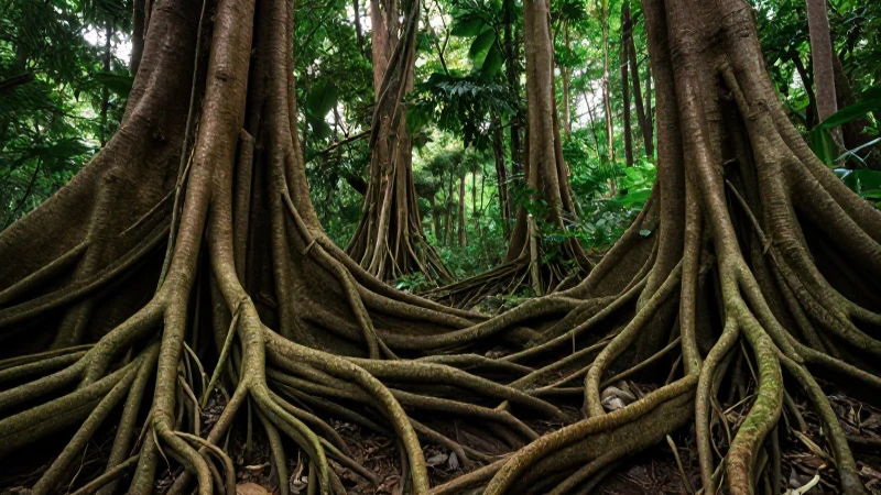 Mapa conceptual de ecosistema y sus componentes 8 Bosque frondoso, raíces entrelazadas, luz natural