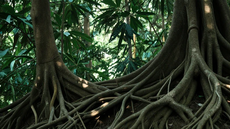Bosque exuberante, raíces retorcidas y luz suave