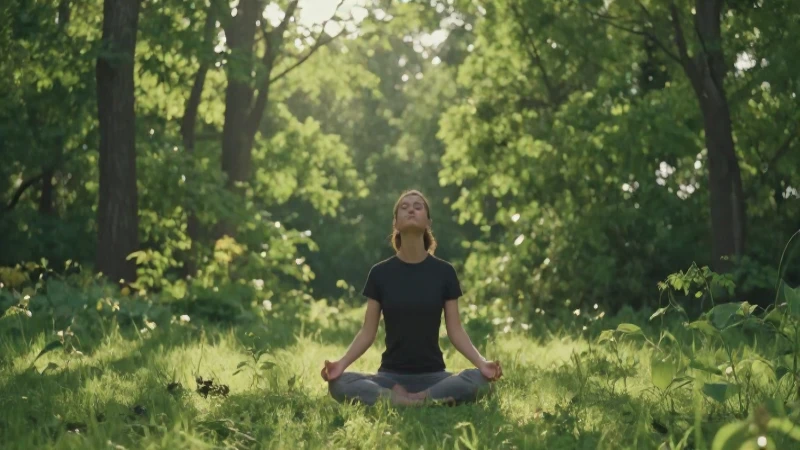 Meditación al aire libre, bosque verde suave