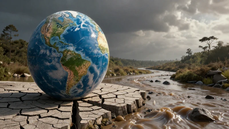 Mapa conceptual del agua y su cuidado en la hidrosfera 6 Planeta agrietado, río contaminado, iluminación dramática