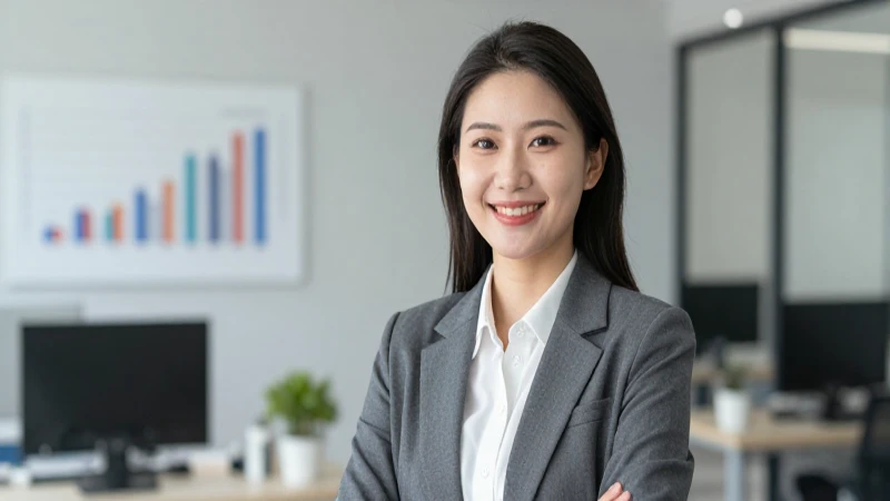 Profesional sonriendo frente a gráficos de datos