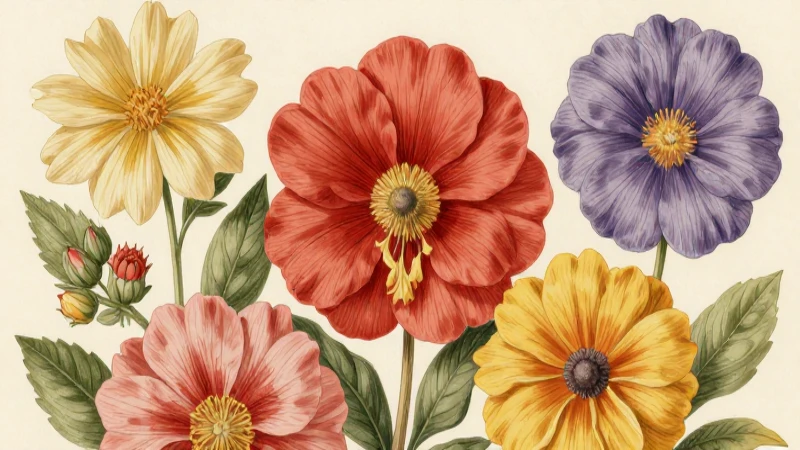Flores vibrantes, ilustración botánica detallada y cálida