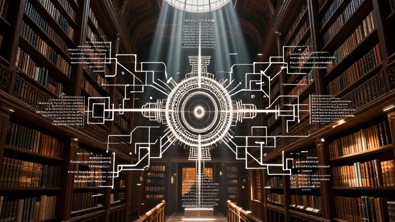 Biblioteca antigua, mapa mental con luz dramática