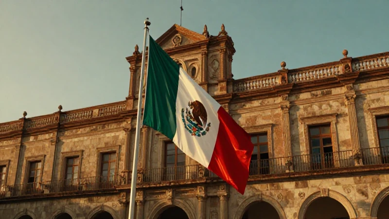 Bandeira mexicana, fachada histórica en luz dorada