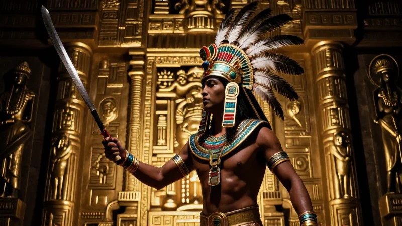 Guerrero azteca, plumas, oro y sombras