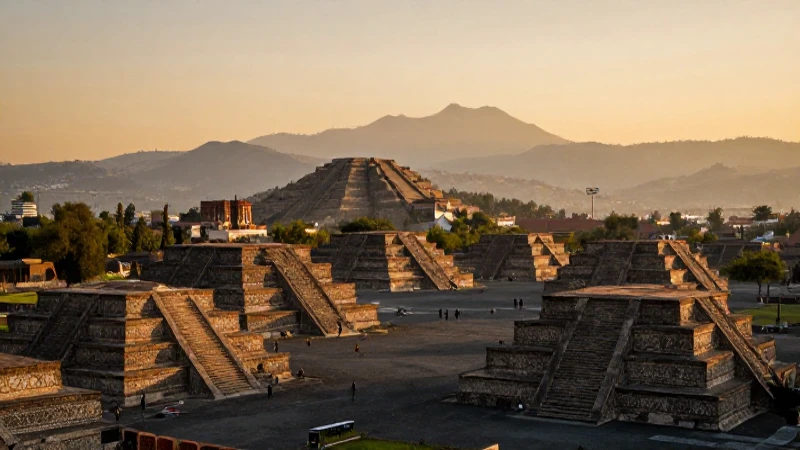 Atardecer dorado ilumina pirámides en Tenochtitlán