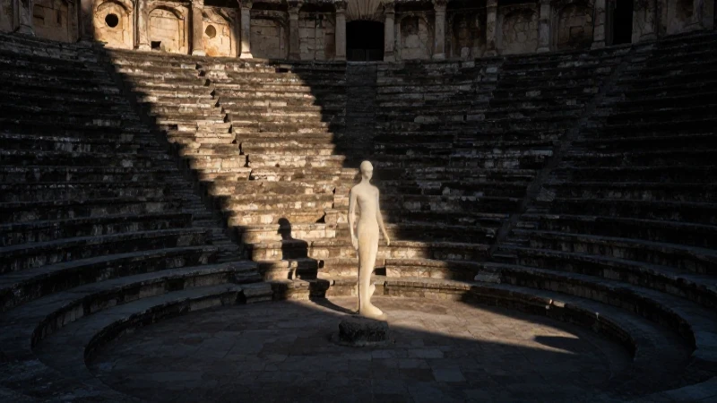 Anfiteatro antiguo bajo luz espectral dramática