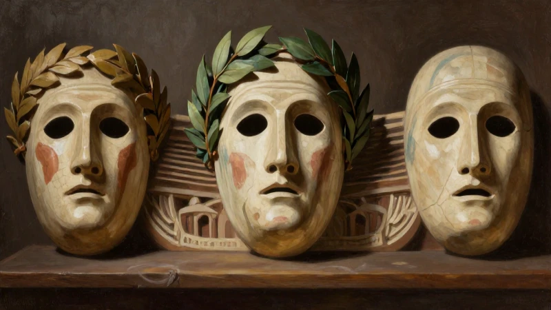 Máscaras romanas, laureles y luz dramática