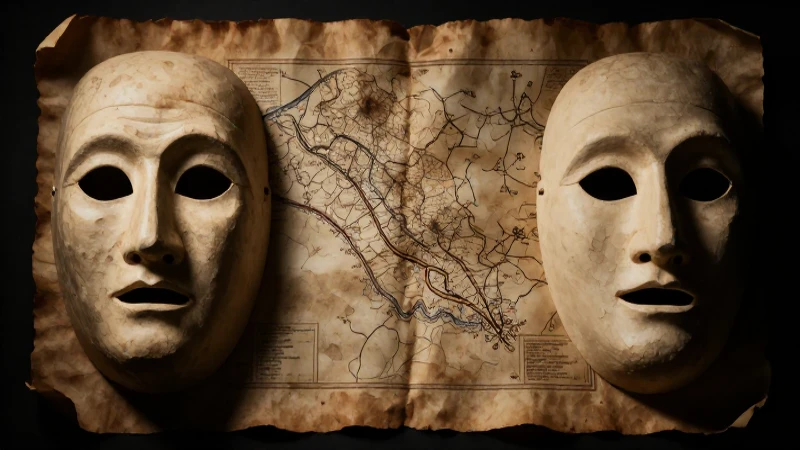 Máscaras griegas, mapa antiguo e iluminación dramática