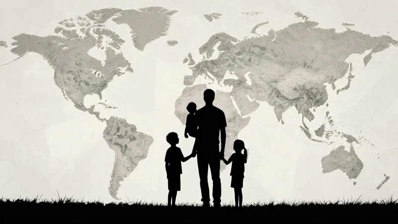 Mapa conceptual de la migración: cómo entenderlo paso a paso 6 Familia migrando, mapa fragmentado bajo luz suave
