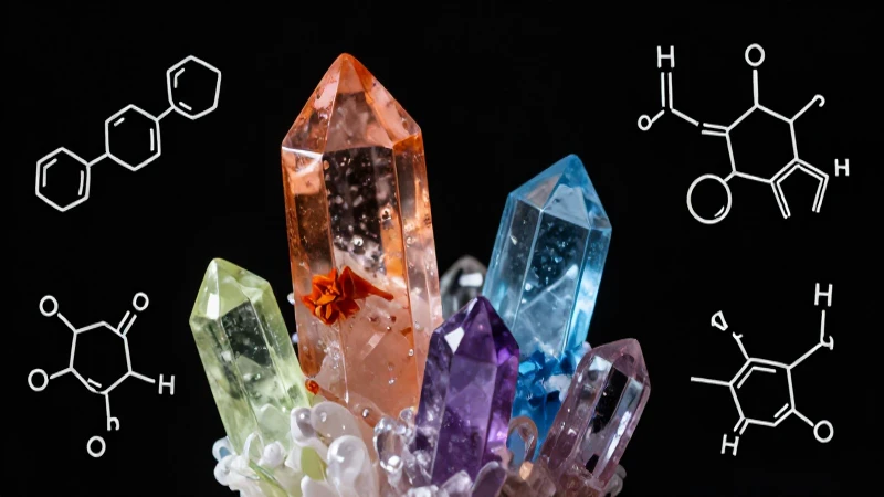 Mapa mental de química inorgánica con estructuras y conceptos clave 5 Cristales coloridos, química detallada, enfoque cercano