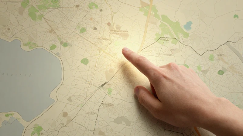 Mapa estilizado bajo luz dorada y mano señalando
