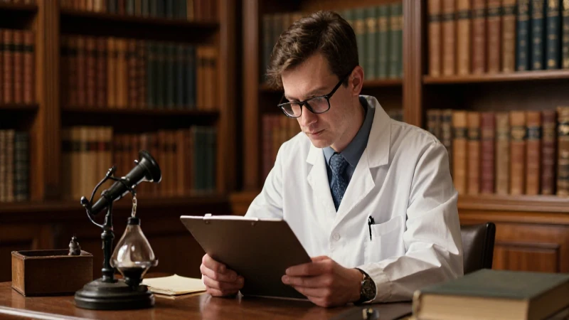 Científico observa libros con luz cálida