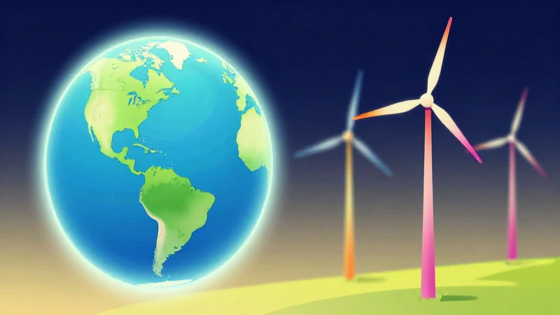 Turbina eólica colorida, planeta brillante, ilustración vibrante