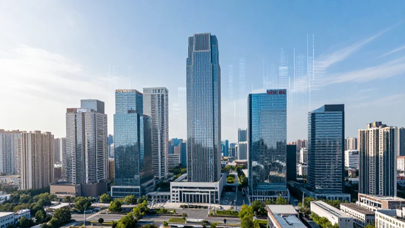 Ciudad moderna iluminada con datos visibles