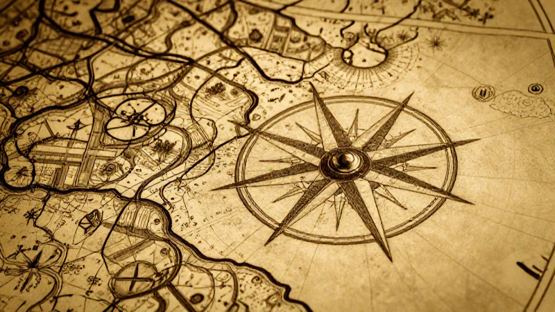 Mapa antiguo con brújula e iluminación dorada