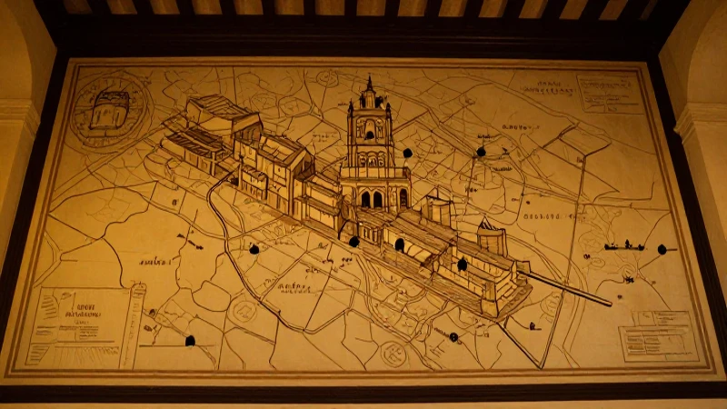 Mural histórico con arquitectura colonial cálida