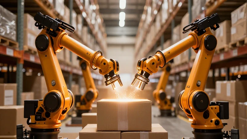 Almacén moderno con robots y iluminación dramática