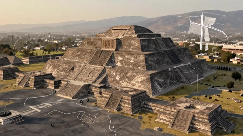 Mapa conceptual de la cultura: guía completa paso a paso 7 Pirámides de Teotihuacán con mapa antiguo iluminado dorado