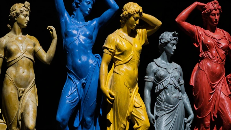 Escultura diversa, colores vivos y composición dinámica