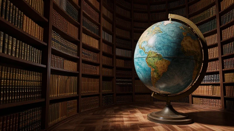 Biblioteca antigua iluminada con dramatismo