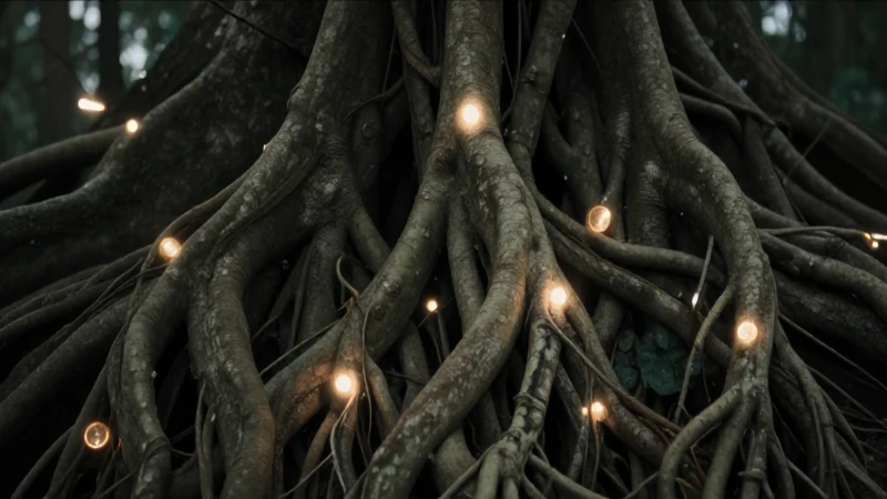 Raíces entrelazadas, luces suaves y cinematográficas