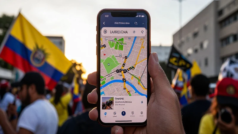 Manifestantes colombianos bajo luz dorada con mapa