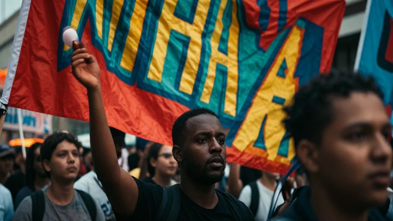 Manifestantes avanzan bajo iluminación cinematográfica