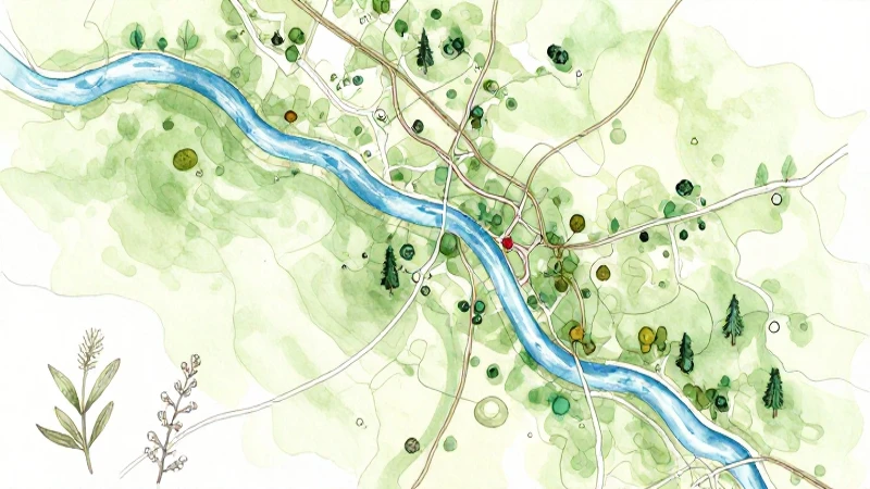 Mapa acuarela con ríos, luz suave y flora