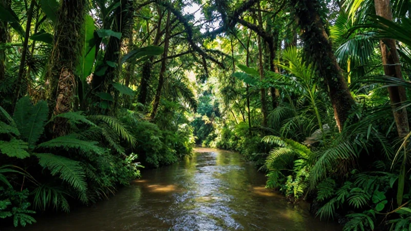 Selva exuberante y río brillante, amplia vista