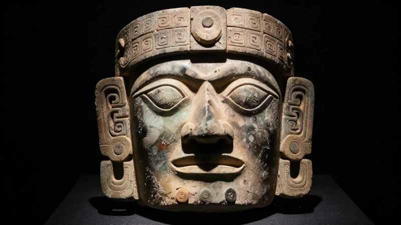 Antigua escultura olmeca con iluminación dramática
