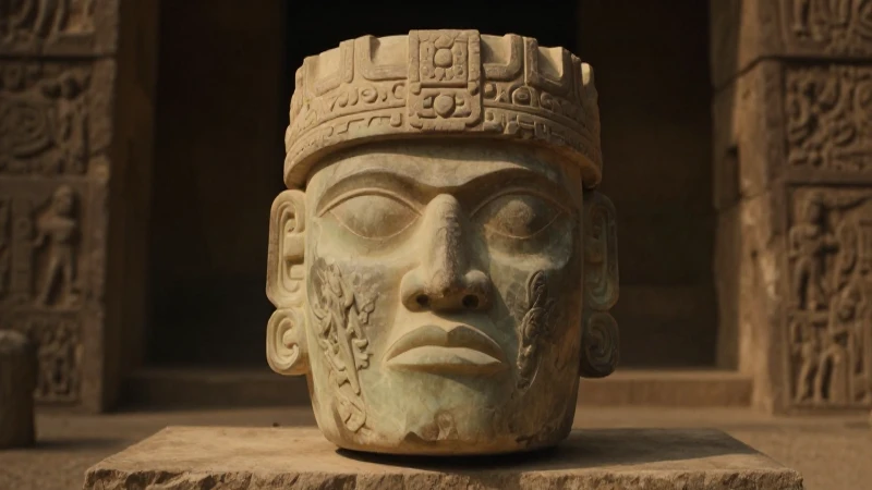 Cabeza olmeca emerge entre ruinas antiguas