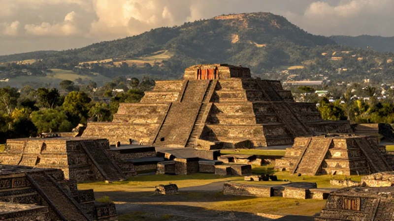 Exploramos la historia de Teotihuacán con mapas conceptuales 3 Pirámides de Teotihuacán bajo luz dorada