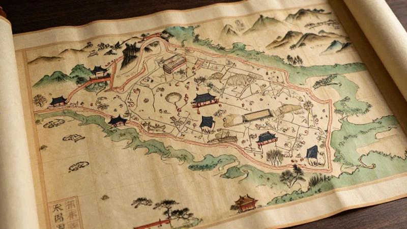 Mapas chinos antiguos en rollo de seda