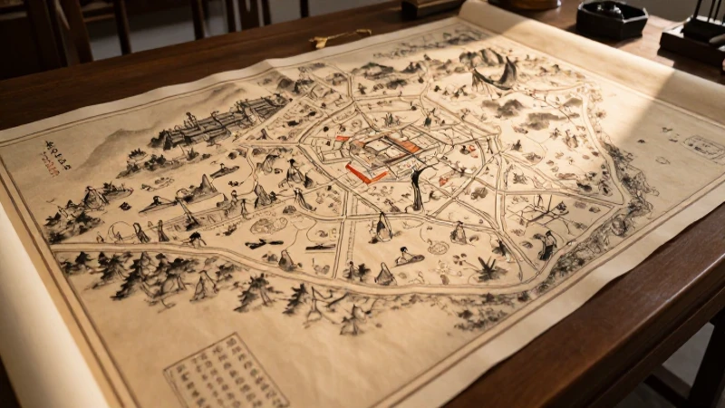 Mapa chino antiguo iluminado con detalle