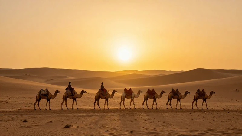 Caravana antigua al atardecer dorado desértico