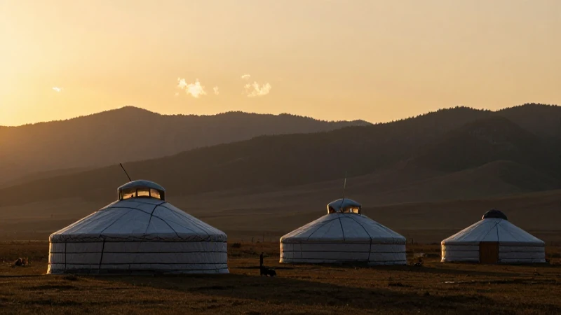 Yurta dorada en paisaje montañoso al atardecer