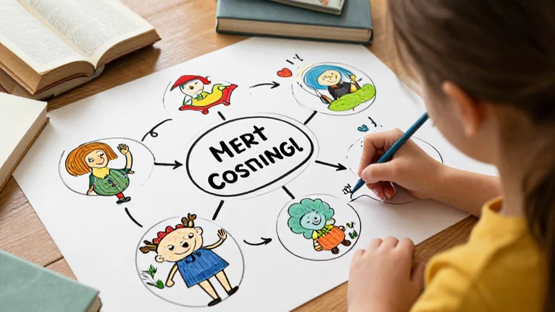 Cómo crear un mapa conceptual del cuento paso a paso 6 Niña dibuja personajes e historias con luz cálida